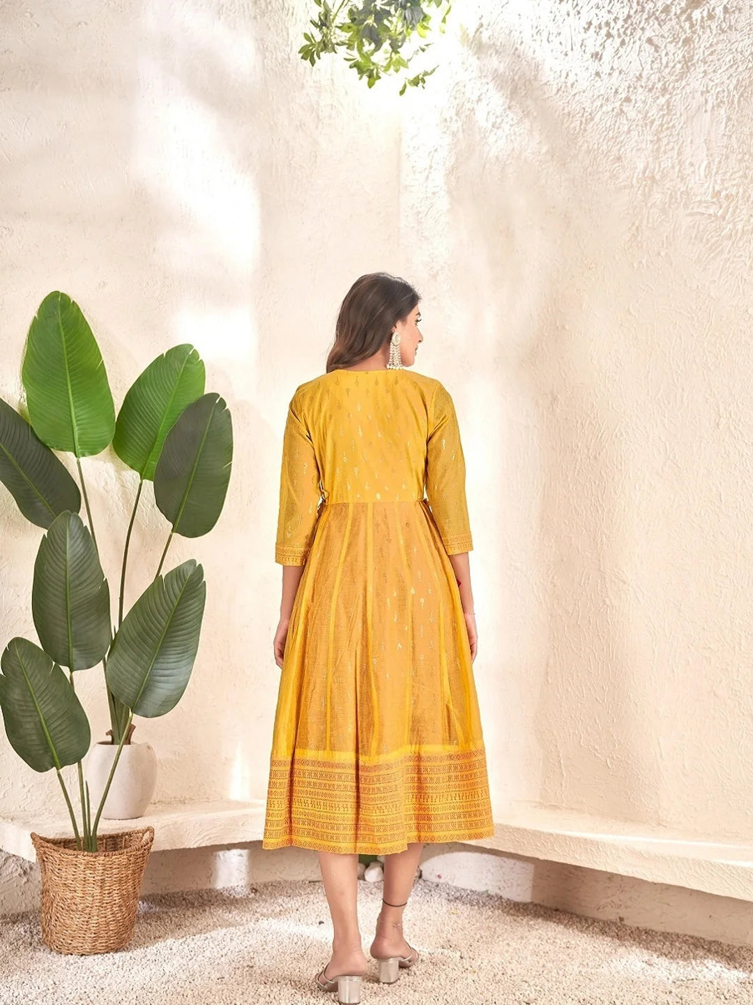 Yellow Colour cotton Foil print kurti with vibrant patterns