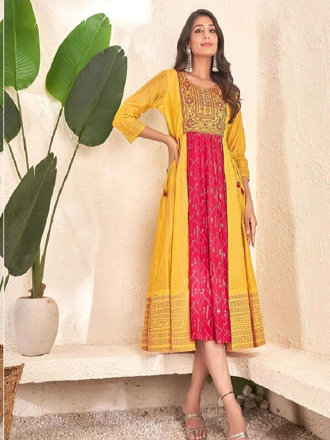 Yellow Colour cotton Foil print kurti with vibrant patterns