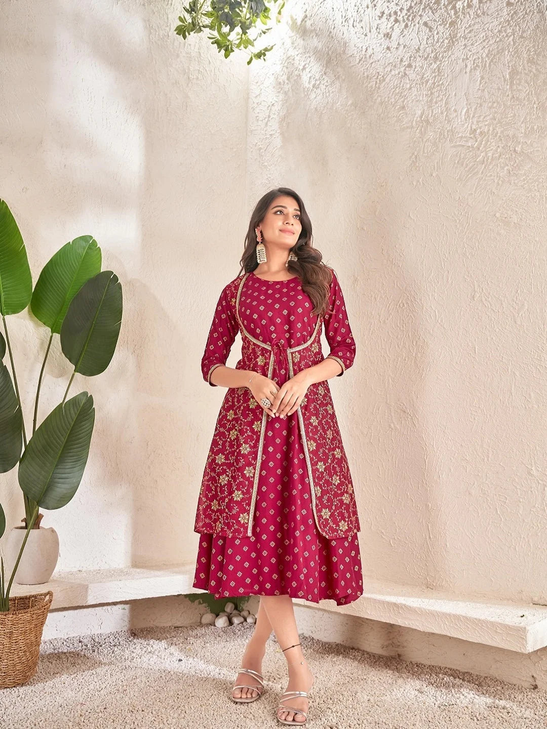 Maroon Colour cotton Foil print kurti with vibrant patterns