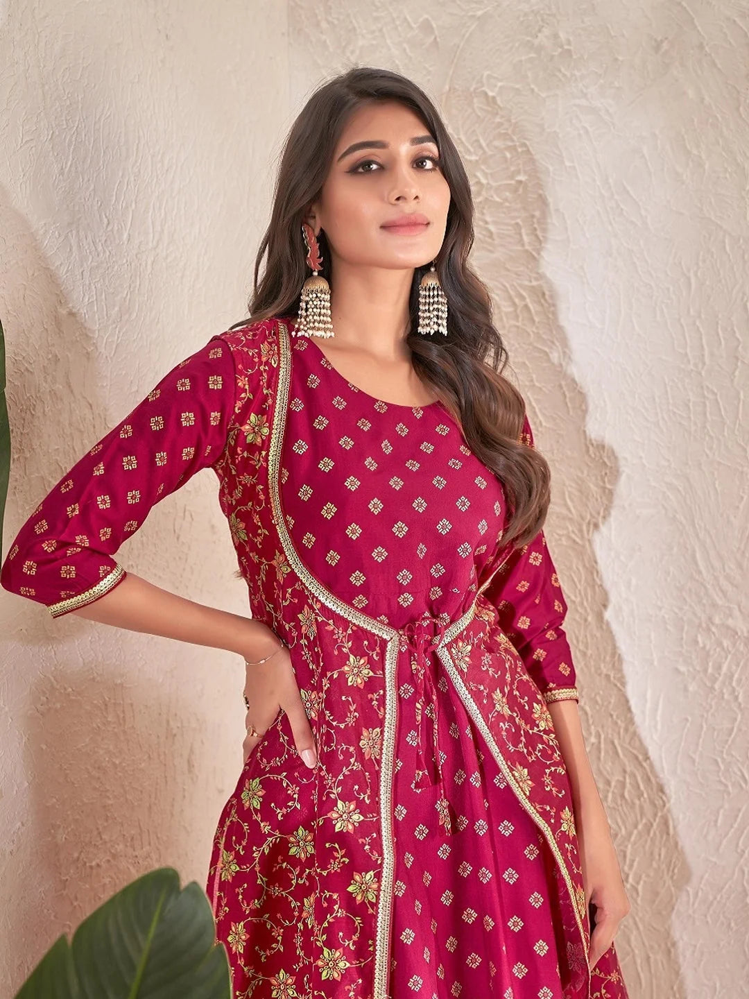 Maroon Colour cotton Foil print kurti with vibrant patterns