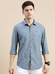 Men Spread Collar Printed Blue Shirt-Samprinteddenim-5183-Blue