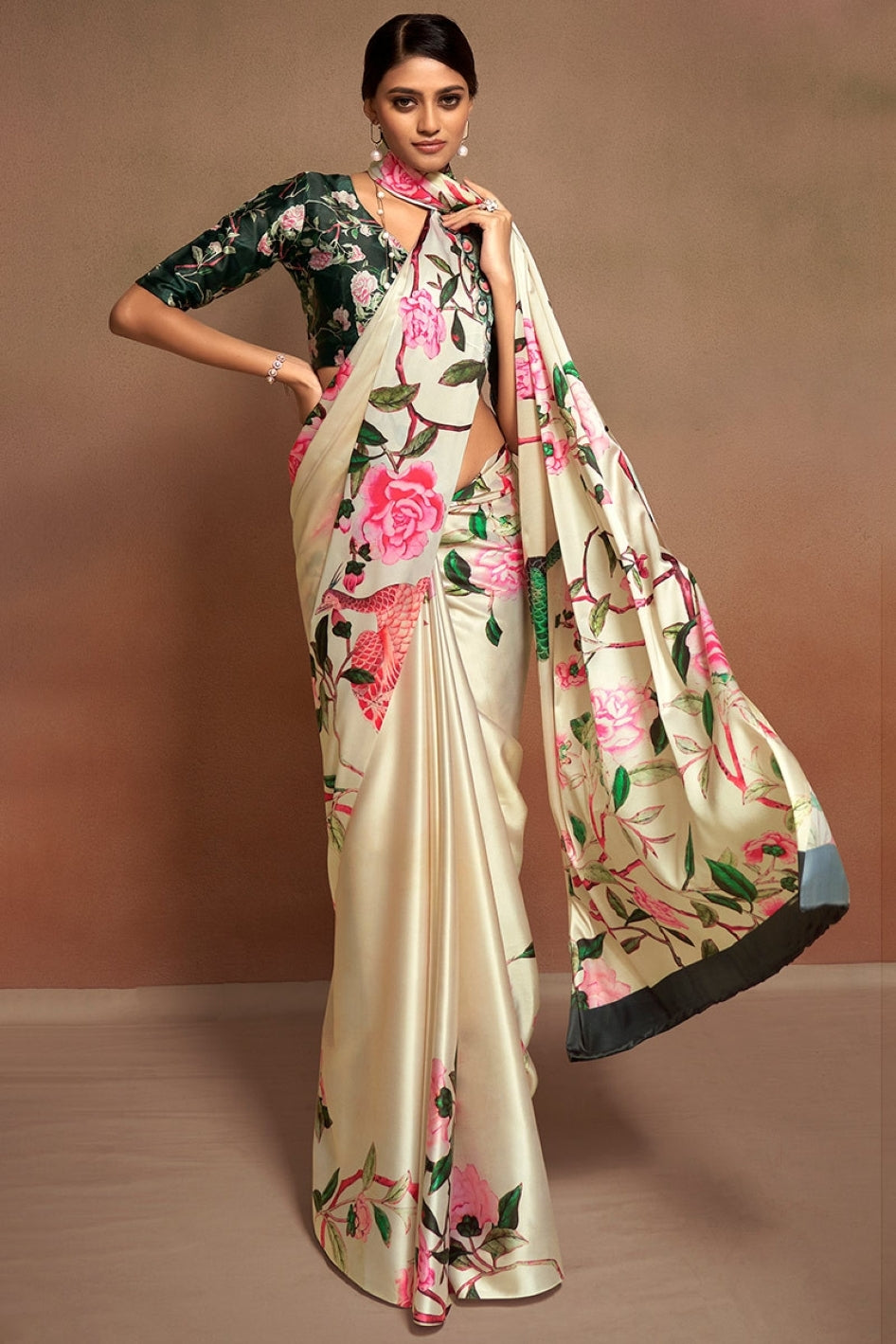 Satin Saree for Women - Beige | MLWSHSA9179BEI