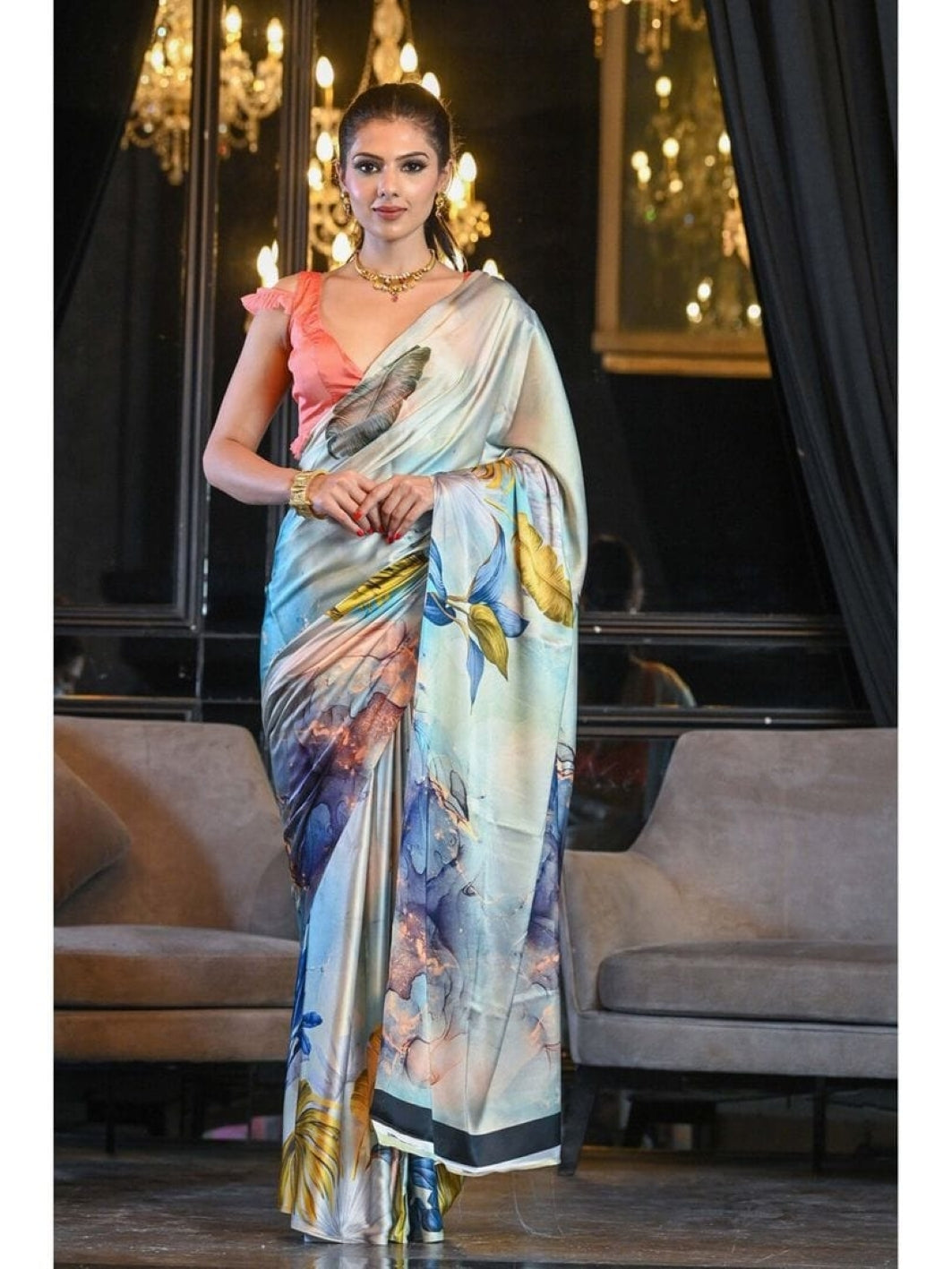 Satin Saree for Women - Blue | MLWSHSA9181SKB