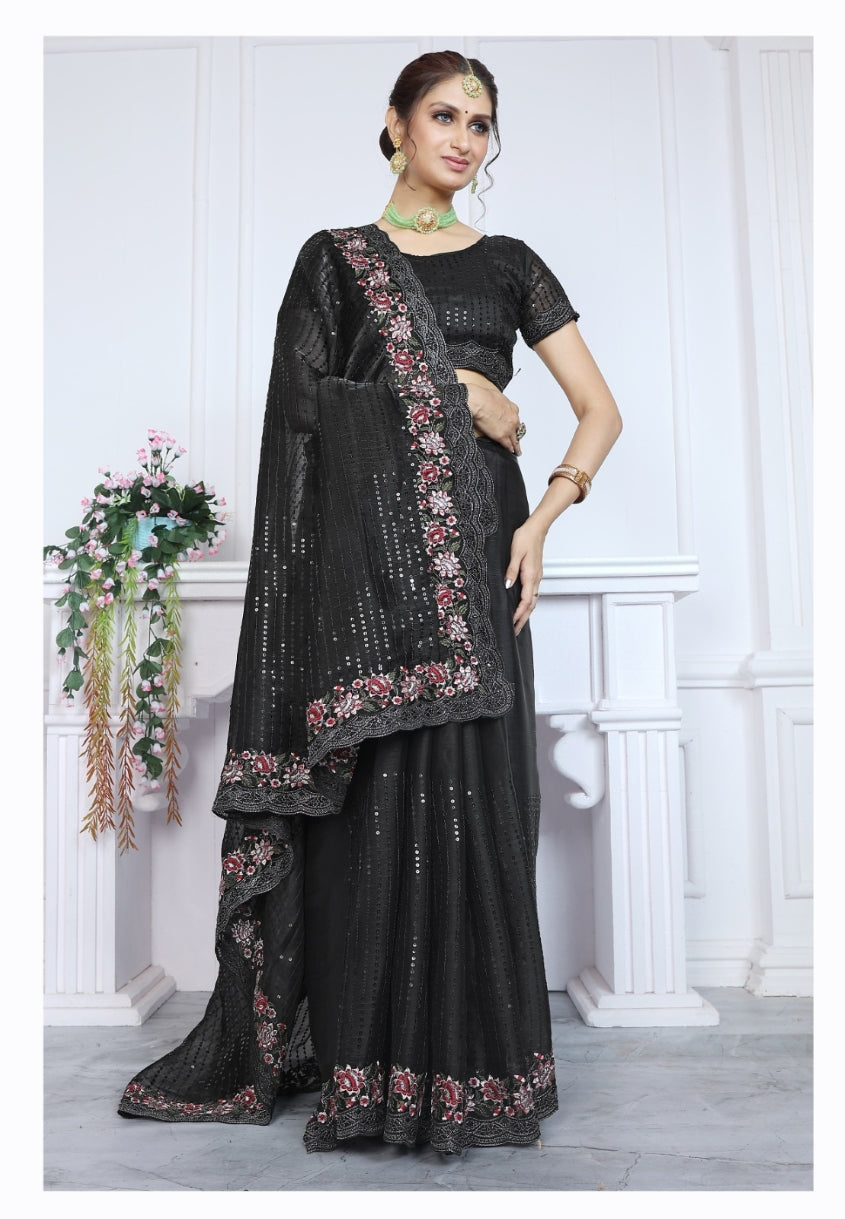 Organza Saree for Women - Black | MLWSHSA9083BLK | DesiQlo