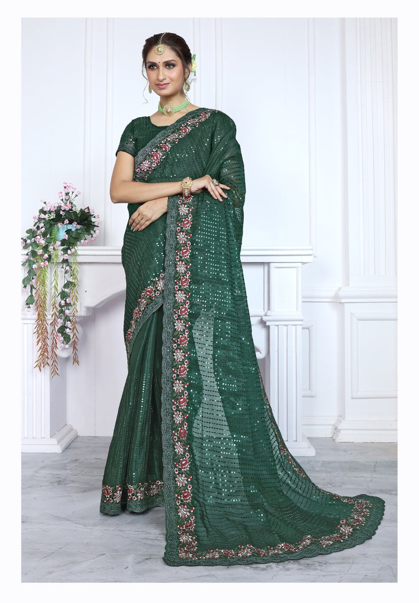 Organza Saree for Women - Green | MLWSHSA9084GRN | DesiQlo
