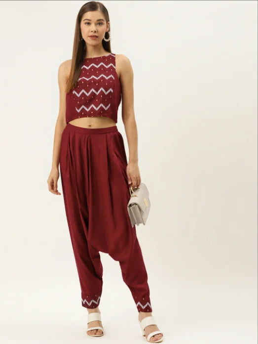 Maroon Crop Top with Dhoti Pants - Designer Lehenga Style