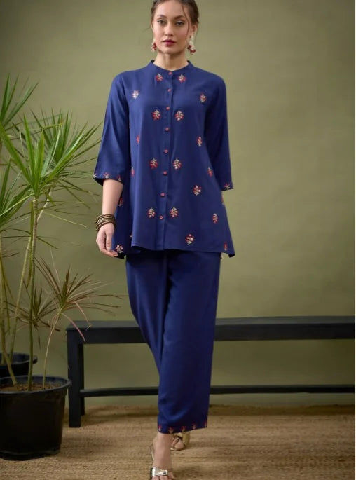 Women Royal Blue All Over Embroidered Shirt With Palazzos