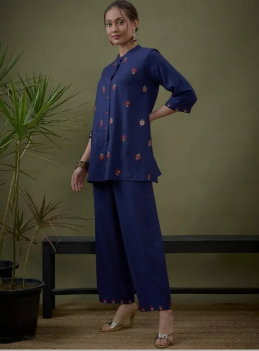 Women Royal Blue Embroidered Shirt & Palazzos | Ethnic Lehenga