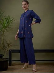Women Royal Blue All Over Embroidered Shirt With Palazzos