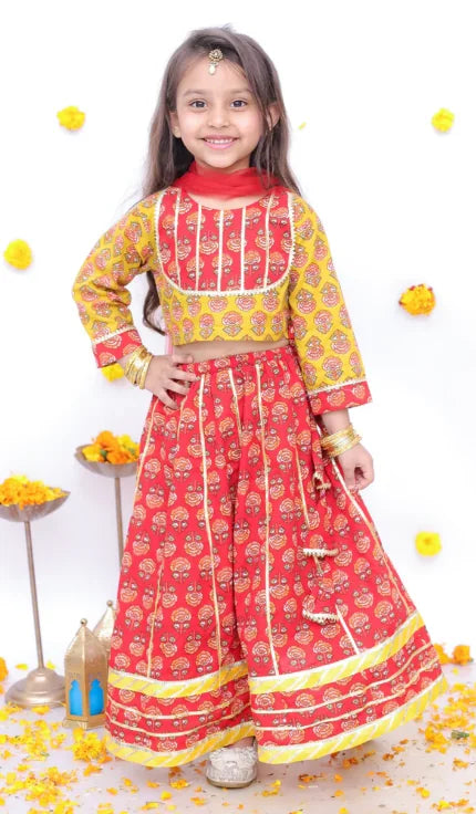 Red Cotton Printed Lehenga Choli Set for Girls | Festive Wear