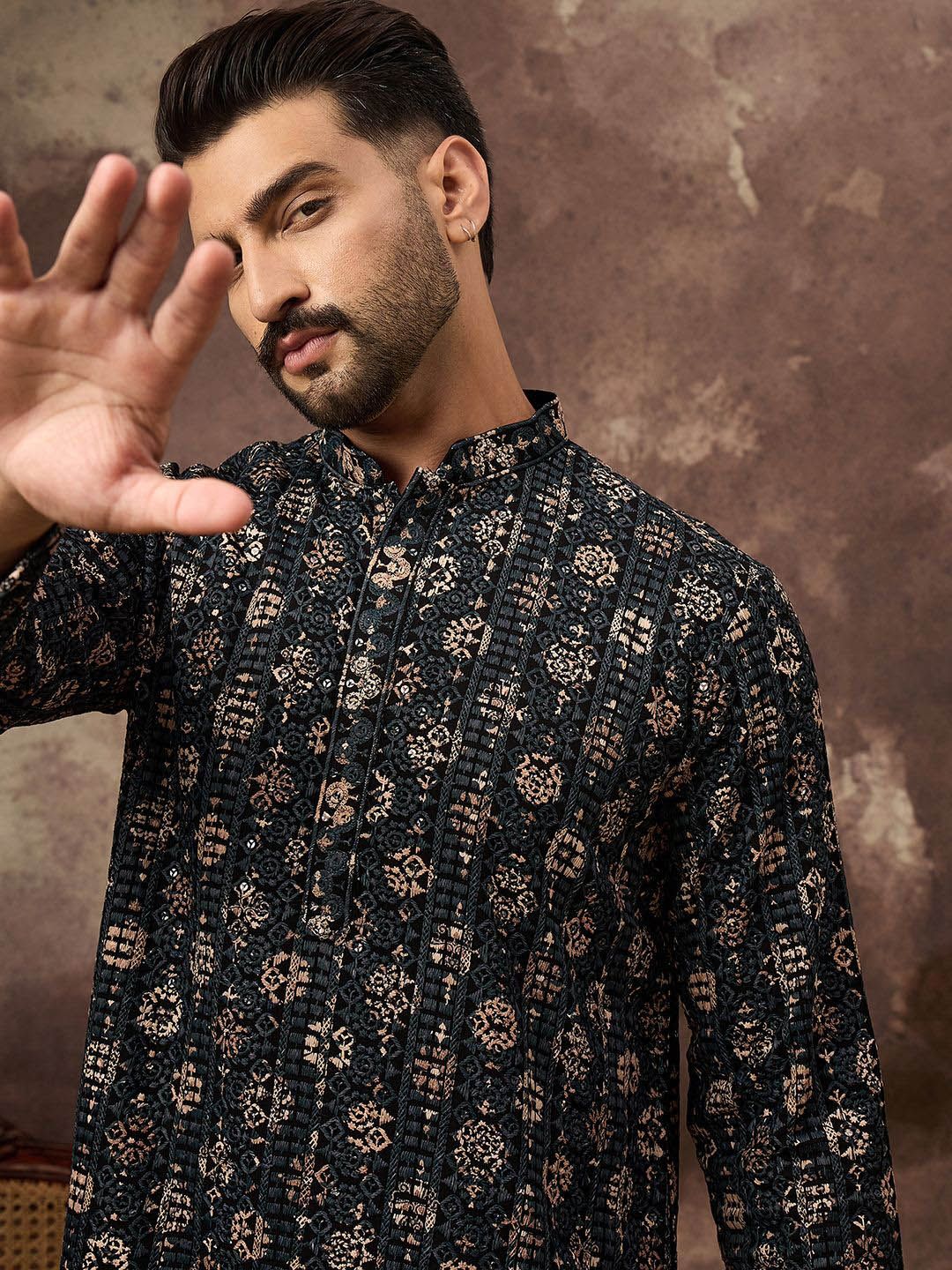 Ethnic Bay Men Black Viscose Rayon Geometric Embroidered Straight Kurta With Pant Set-MKSET1403