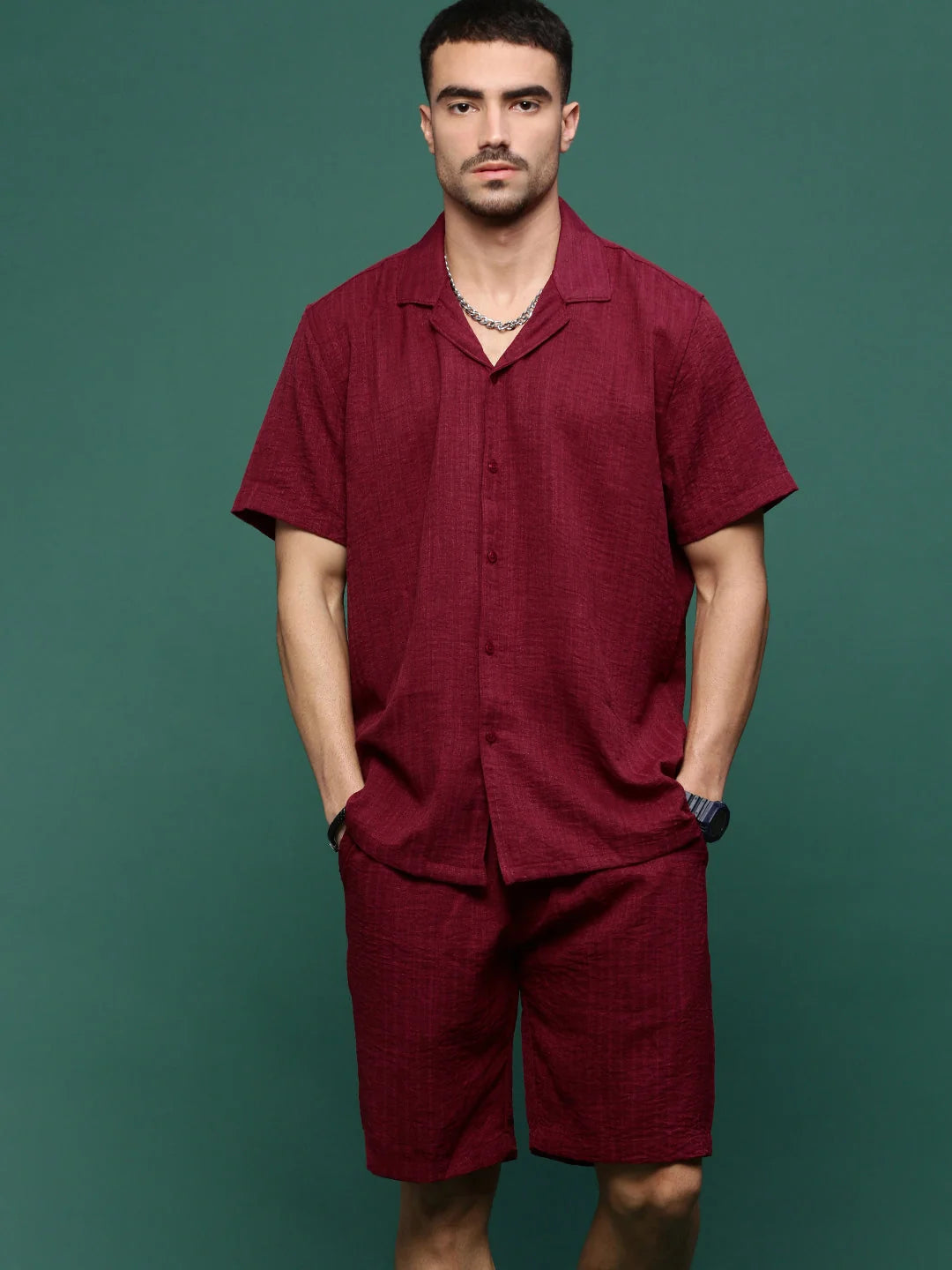 Maroon Mens Co Ords Set | Cuban Collar | Two Piece Sets