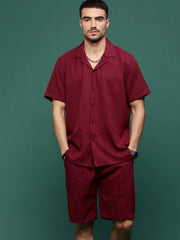 Men Maroon Cuban Collar Solid Co Ords Set-Shiloh-3296-Maroon