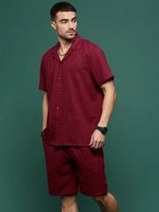 Men Maroon Cuban Collar Solid Co Ords Set-Shiloh-3296-Maroon