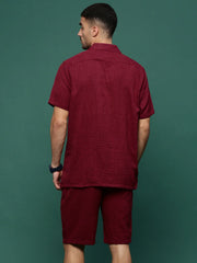Men Maroon Cuban Collar Solid Co Ords Set-Shiloh-3296-Maroon