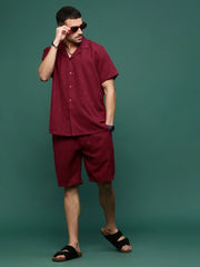 Men Maroon Cuban Collar Solid Co Ords Set-Shiloh-3296-Maroon