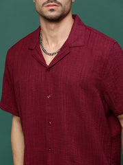 Men Maroon Cuban Collar Solid Co Ords Set-Shiloh-3296-Maroon