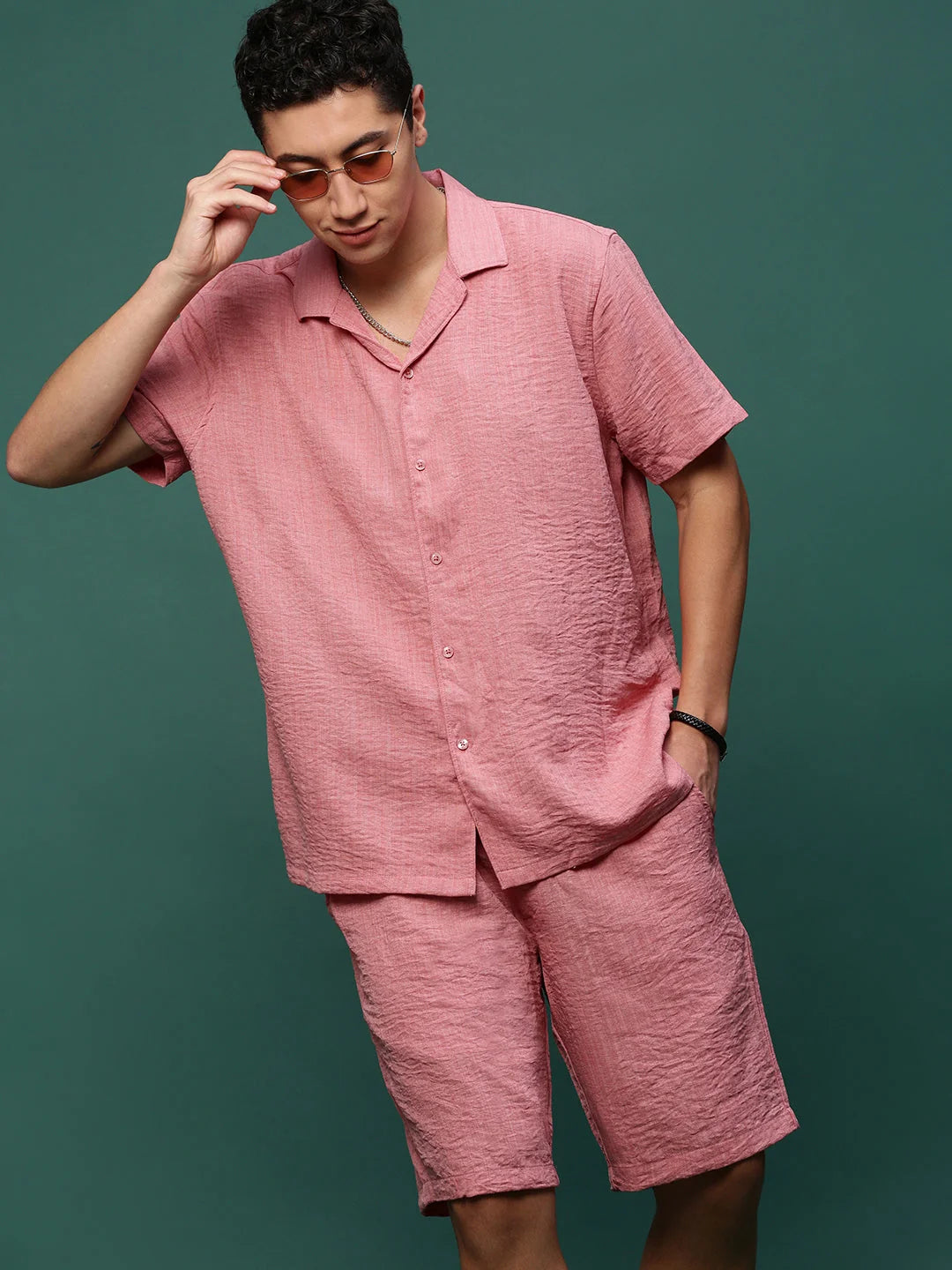 Men's Pink Cotton Co Ord Sets | Solid Cuban Collar Two Piece