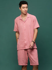 Men Pink Cuban Collar Solid Co Ords Set-Shiloh-3299-Pink