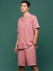 Men Pink Cuban Collar Solid Co Ords Set-Shiloh-3299-Pink