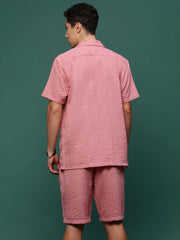 Men Pink Cuban Collar Solid Co Ords Set-Shiloh-3299-Pink