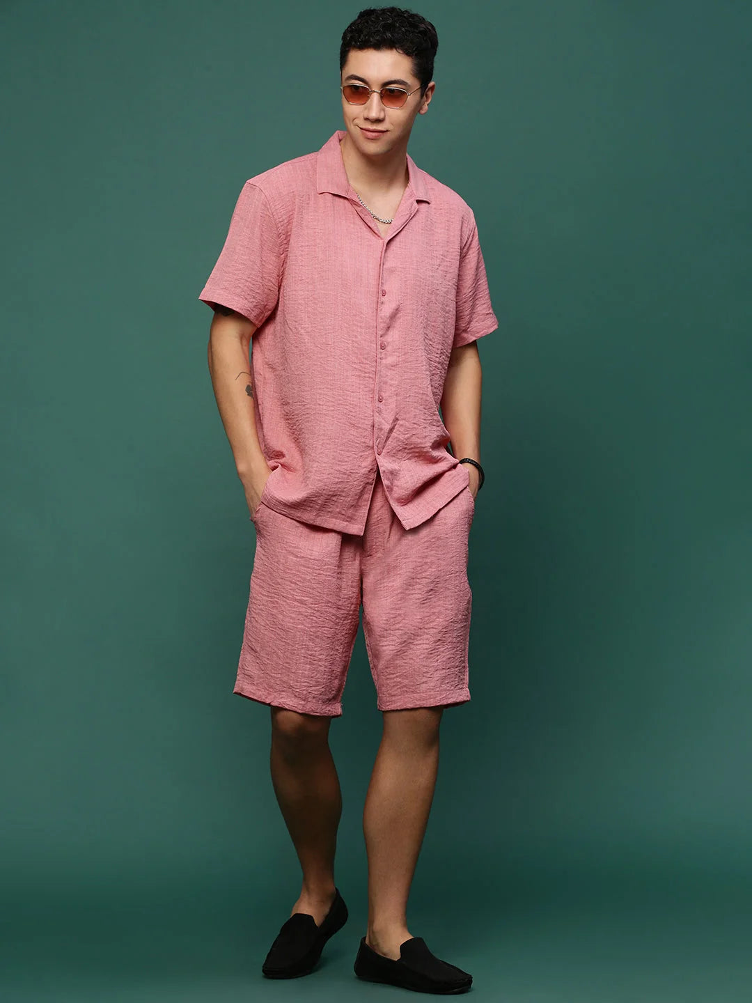 Men's Pink Cotton Co Ord Sets | Solid Cuban Collar Two Piece