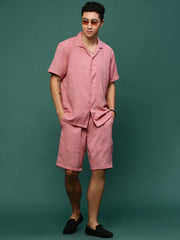 Men Pink Cuban Collar Solid Co Ords Set-Shiloh-3299-Pink