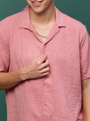 Men Pink Cuban Collar Solid Co Ords Set-Shiloh-3299-Pink