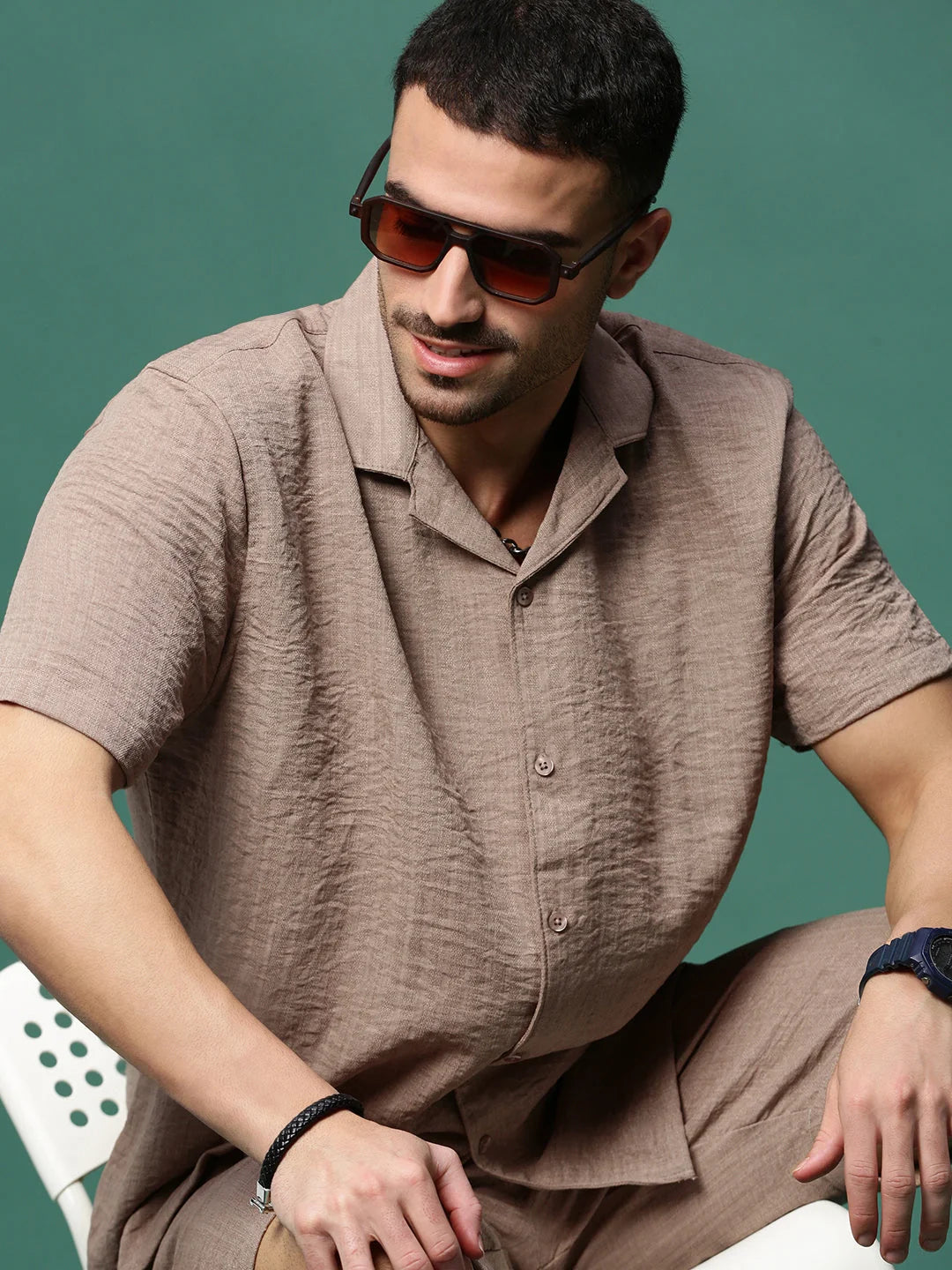 Men Brown Cuban Collar Solid Co Ords Set-Shiloh-3300-Brown