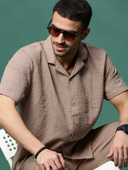 Men Brown Cuban Collar Solid Co Ords Set-Shiloh-3300-Brown
