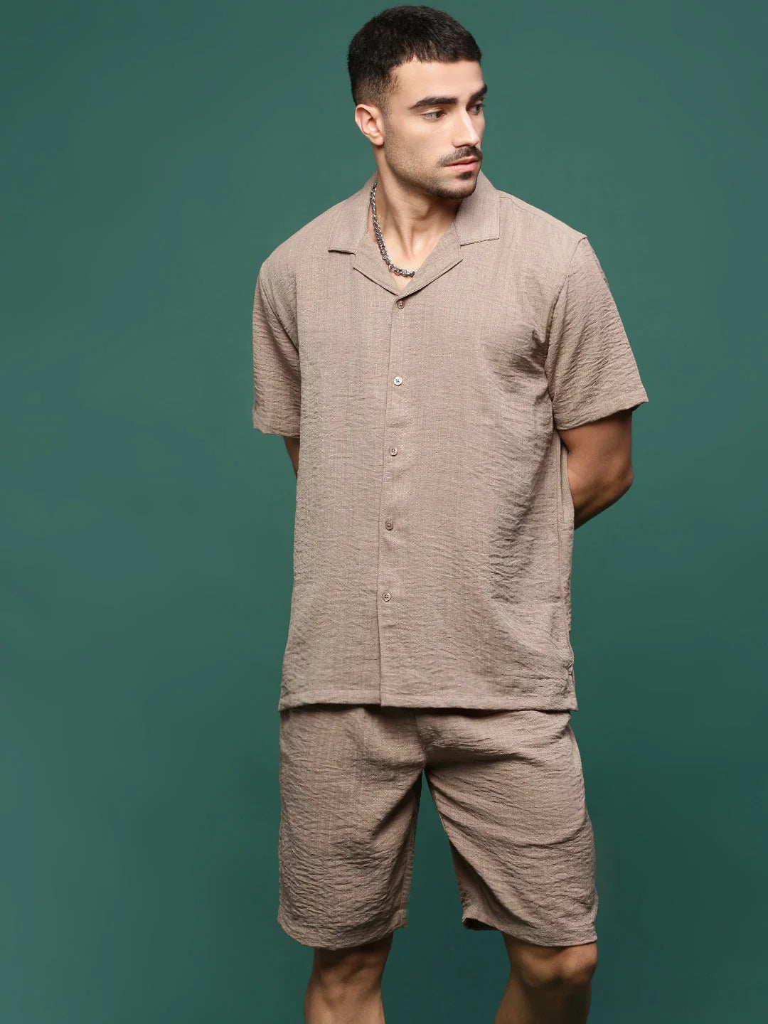 Men's Brown Solid Cuban Collar Co Ord Set | Two Piece Sets