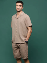 Men Brown Cuban Collar Solid Co Ords Set-Shiloh-3300-Brown