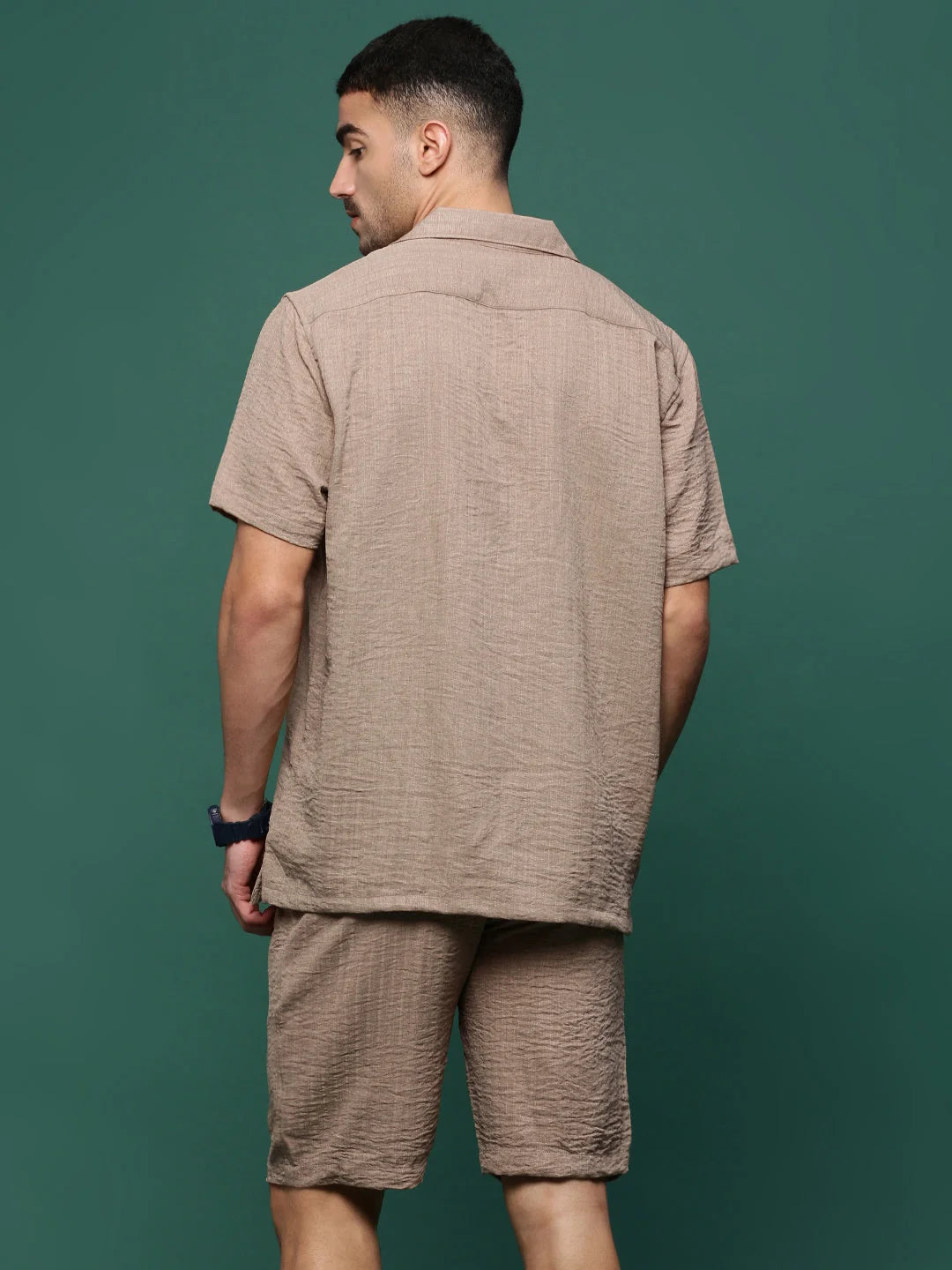 Men's Brown Solid Cuban Collar Co Ord Set | Two Piece Sets
