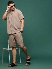 Men Brown Cuban Collar Solid Co Ords Set-Shiloh-3300-Brown