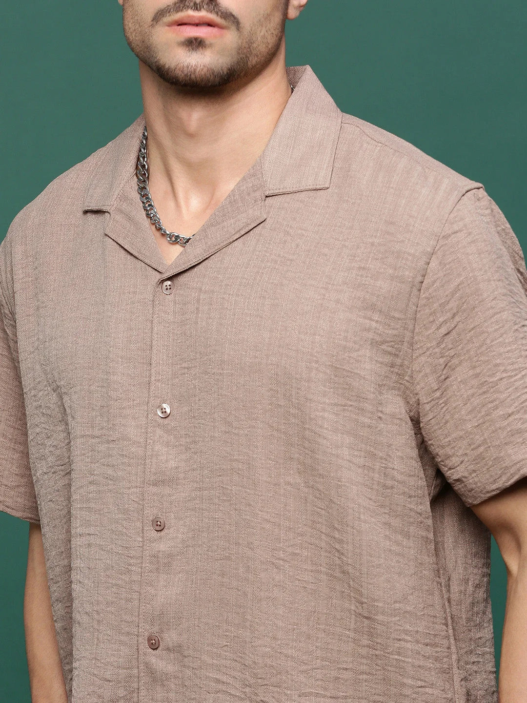Men's Brown Solid Cuban Collar Co Ord Set | Two Piece Sets
