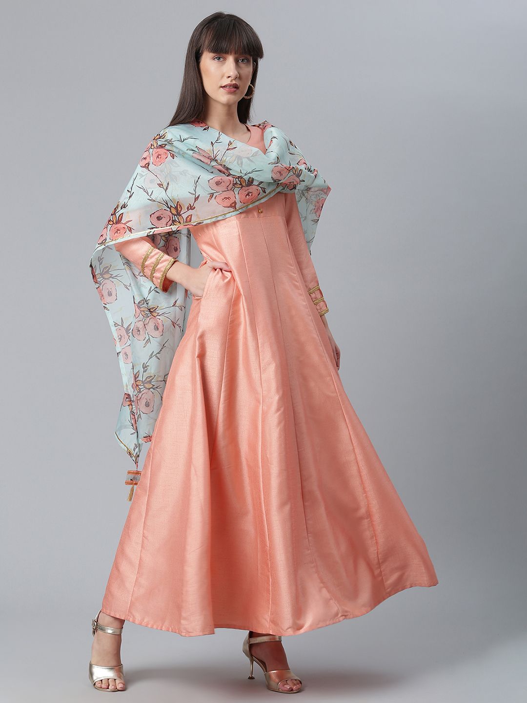 Peach Poly Silk Kurta With Dupatta Set-AHKUDU-COMBO-349