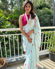 Women's Latest Floral Printed Satin Saree With Unstiched Blouse-7046-SBLUE