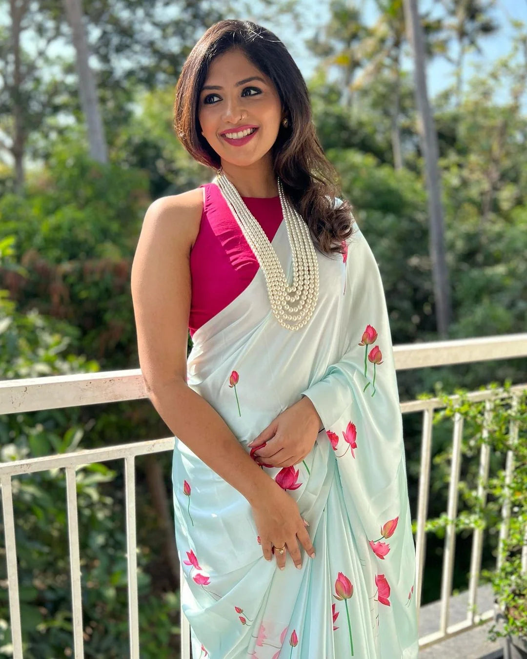 Floral Satin Silk Saree: Indian Sari with Unstitched Blouse