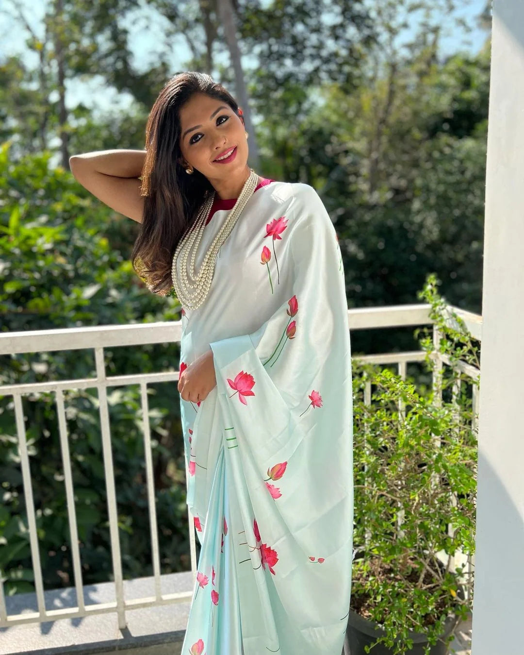 Floral Satin Silk Saree: Indian Sari with Unstitched Blouse