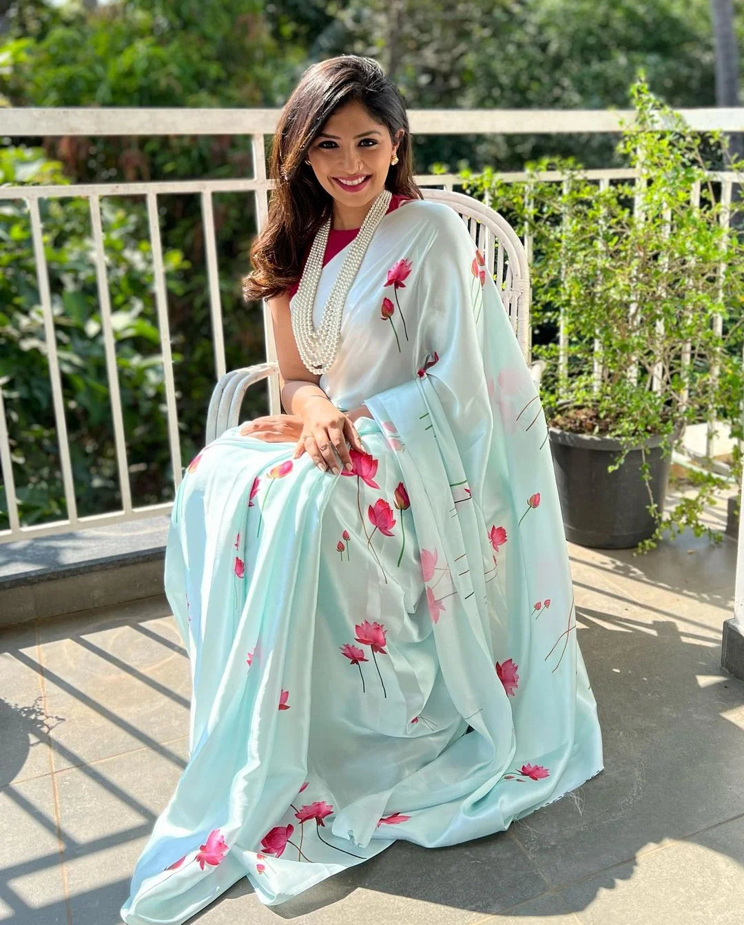 Floral Satin Silk Saree: Indian Sari with Unstitched Blouse