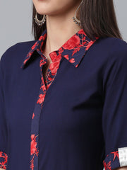 Navy Blue Solid Rayon Kurta with Printed Pant Set-AHKUPN-COMBO-363