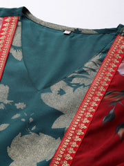Green & Gold Printed Layered Dress-AHDRCRGRSM-992