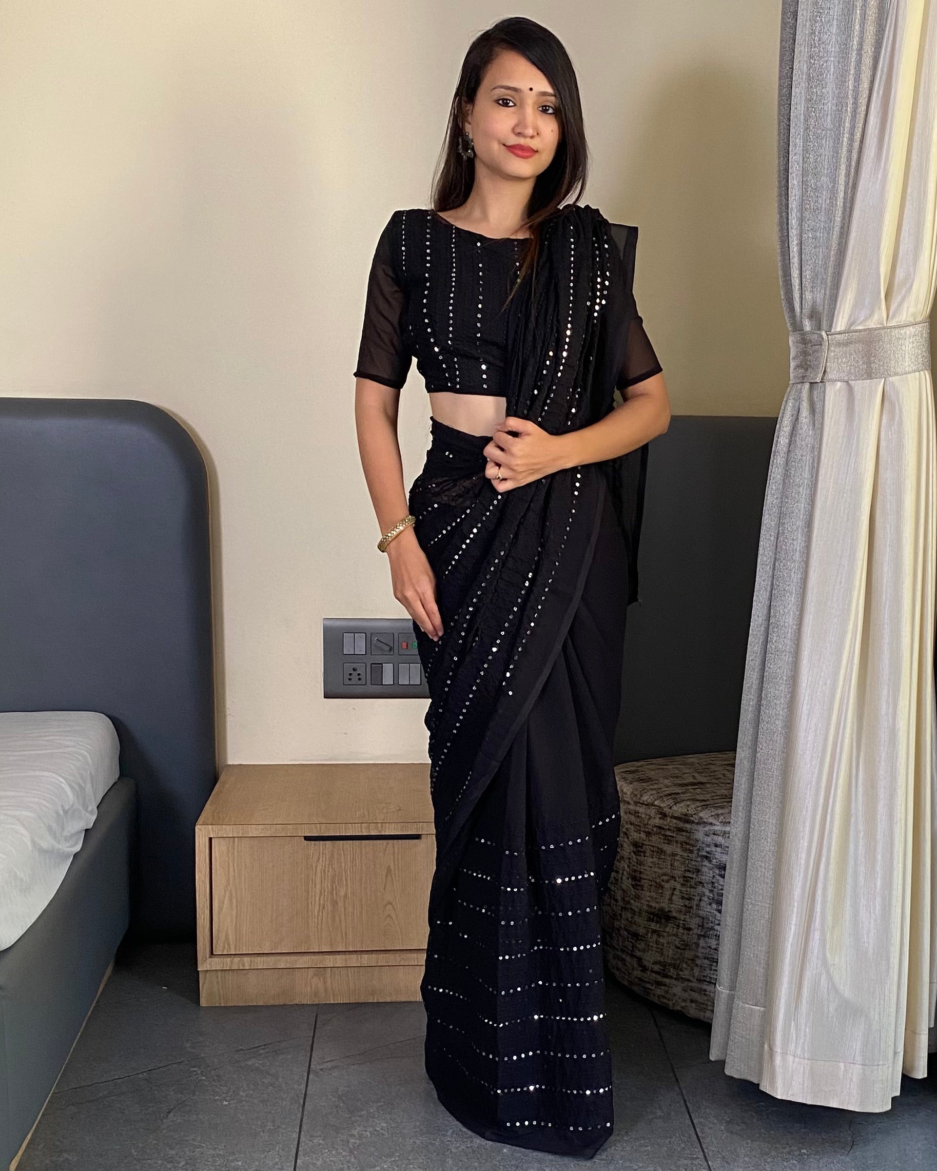 Georgette Saree for Women - Black | MLWSHSA9085BLK | DesiQlo