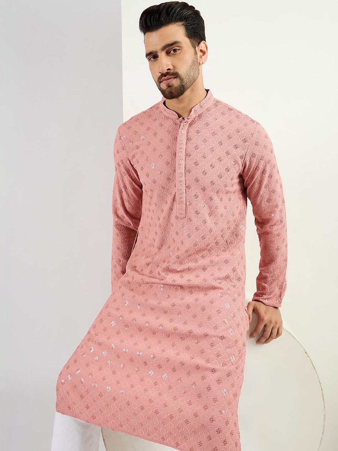 Ethnic Bay Men Pink Viscose Rayon Embroidered Straight Kurta With Pant Set-MKSET1060