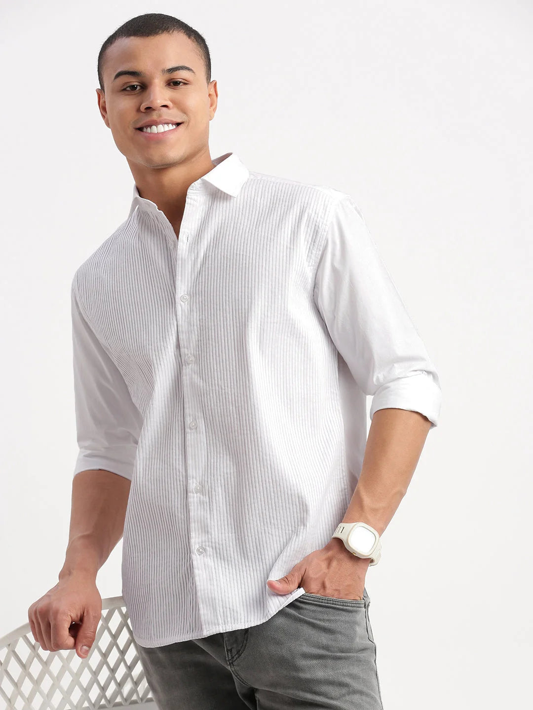 Vertical Striped Mens Shirt | White Cotton Shirt by DesiQlo