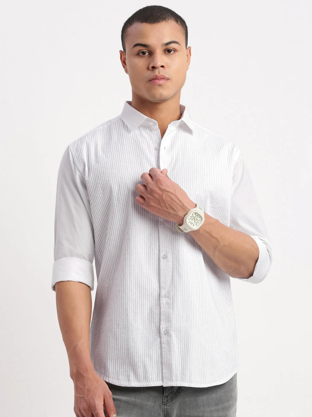 Vertical Striped Mens Shirt | White Cotton Shirt by DesiQlo