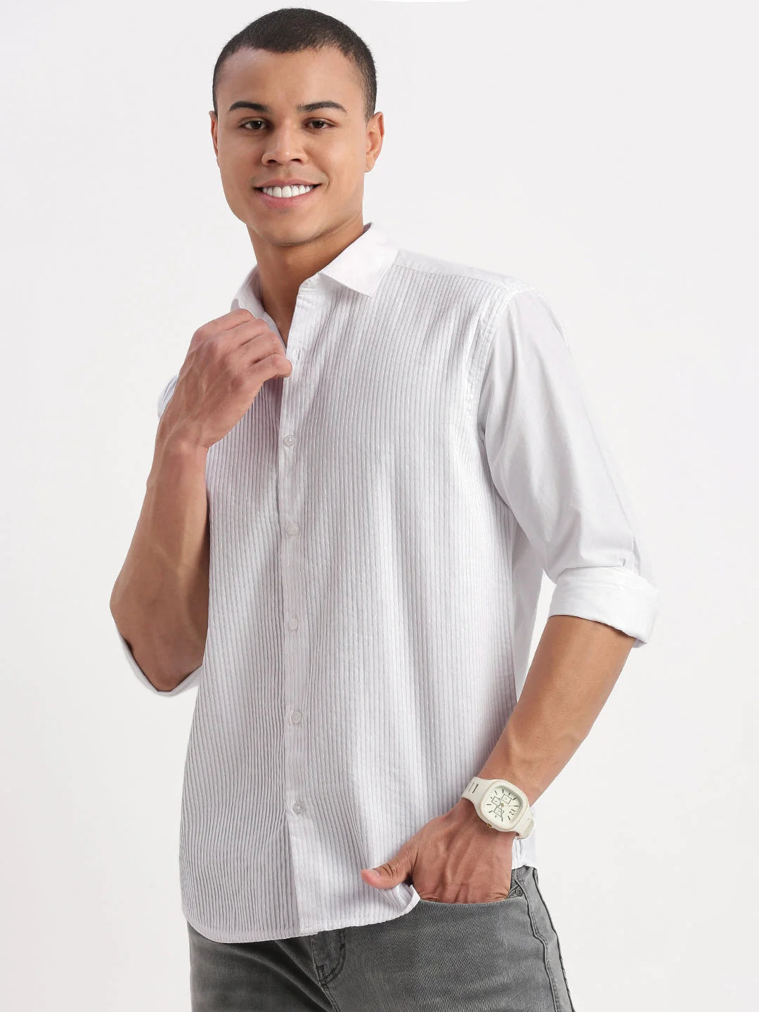 Vertical Striped Mens Shirt | White Cotton Shirt by DesiQlo