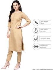 Beige Faux Silk Kurta Pant Set with Traditional Bandhani Print Dupatta-AHKUDUPN-Combo-123