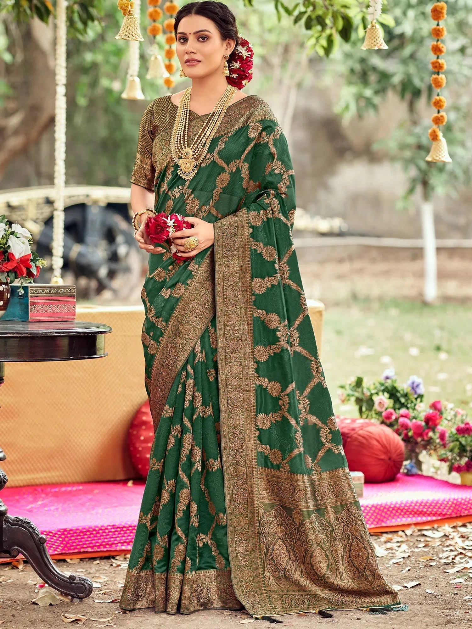 Green Organza Saree - Woven Design | Indian Sarees