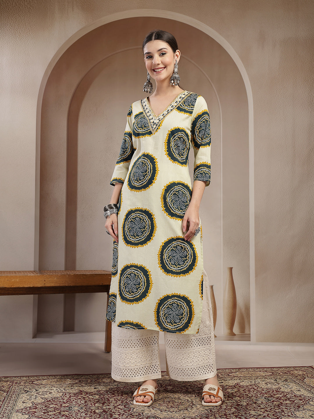 Stylum Women's Teal Bandhej Printed Cotton Straight Kurta (TEALCHEF)